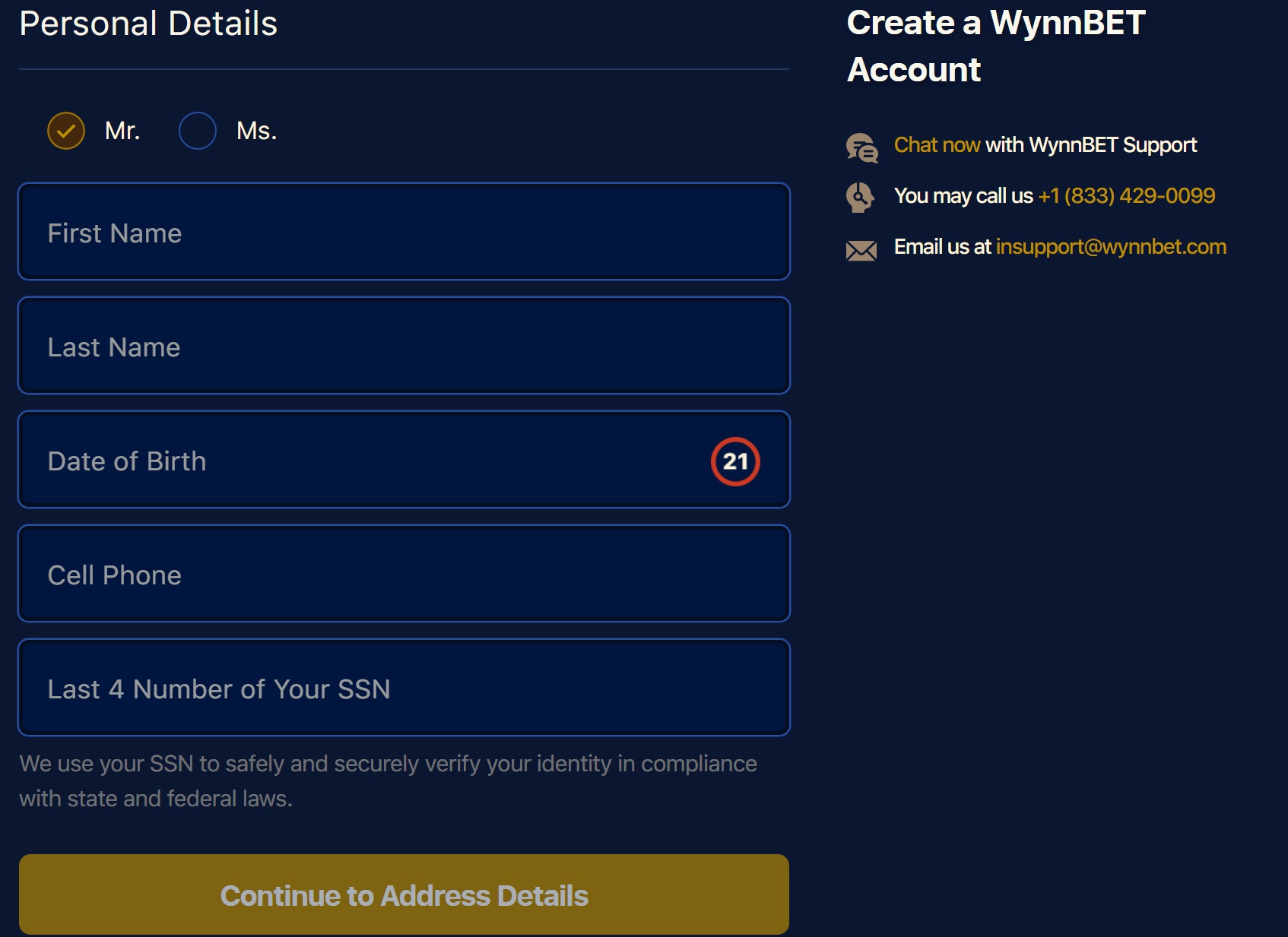 Второй этап регистрации на сайте БК Wynnbet