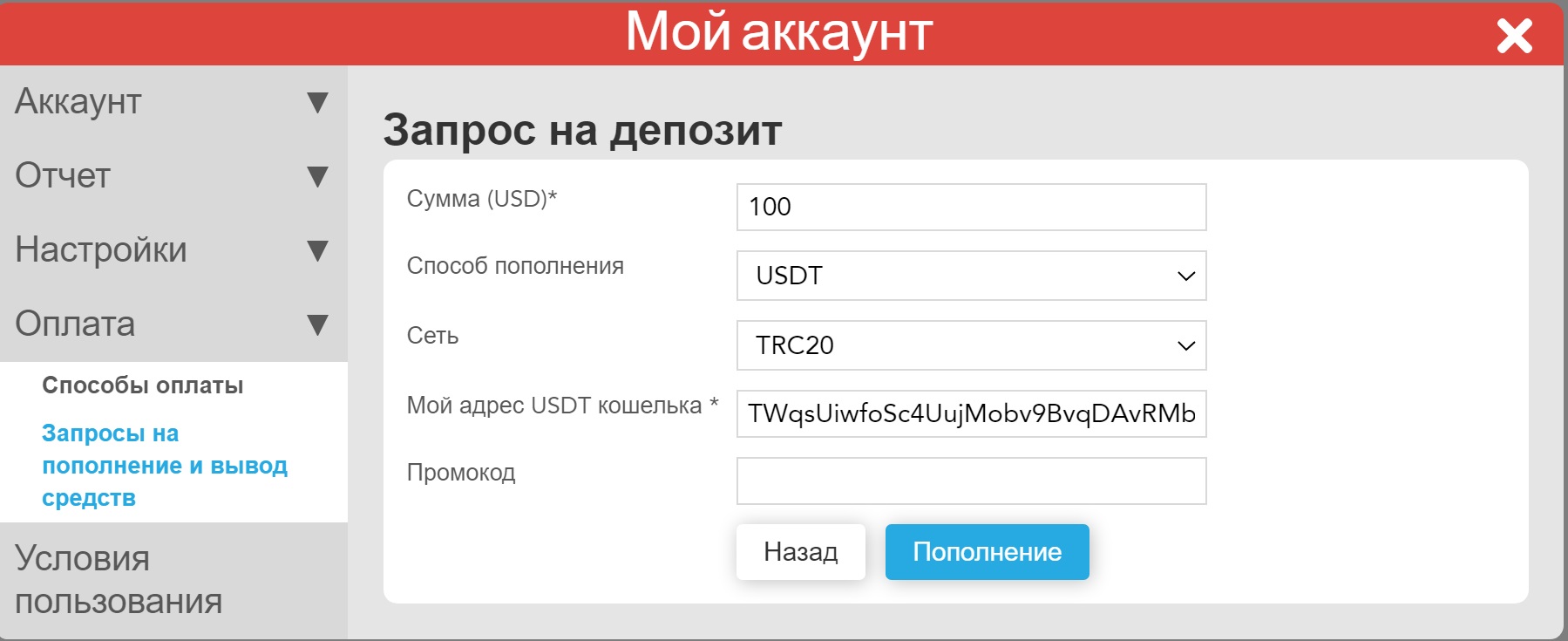 Пополнение счета при помощи криптовалюты на сайте БК Vodds