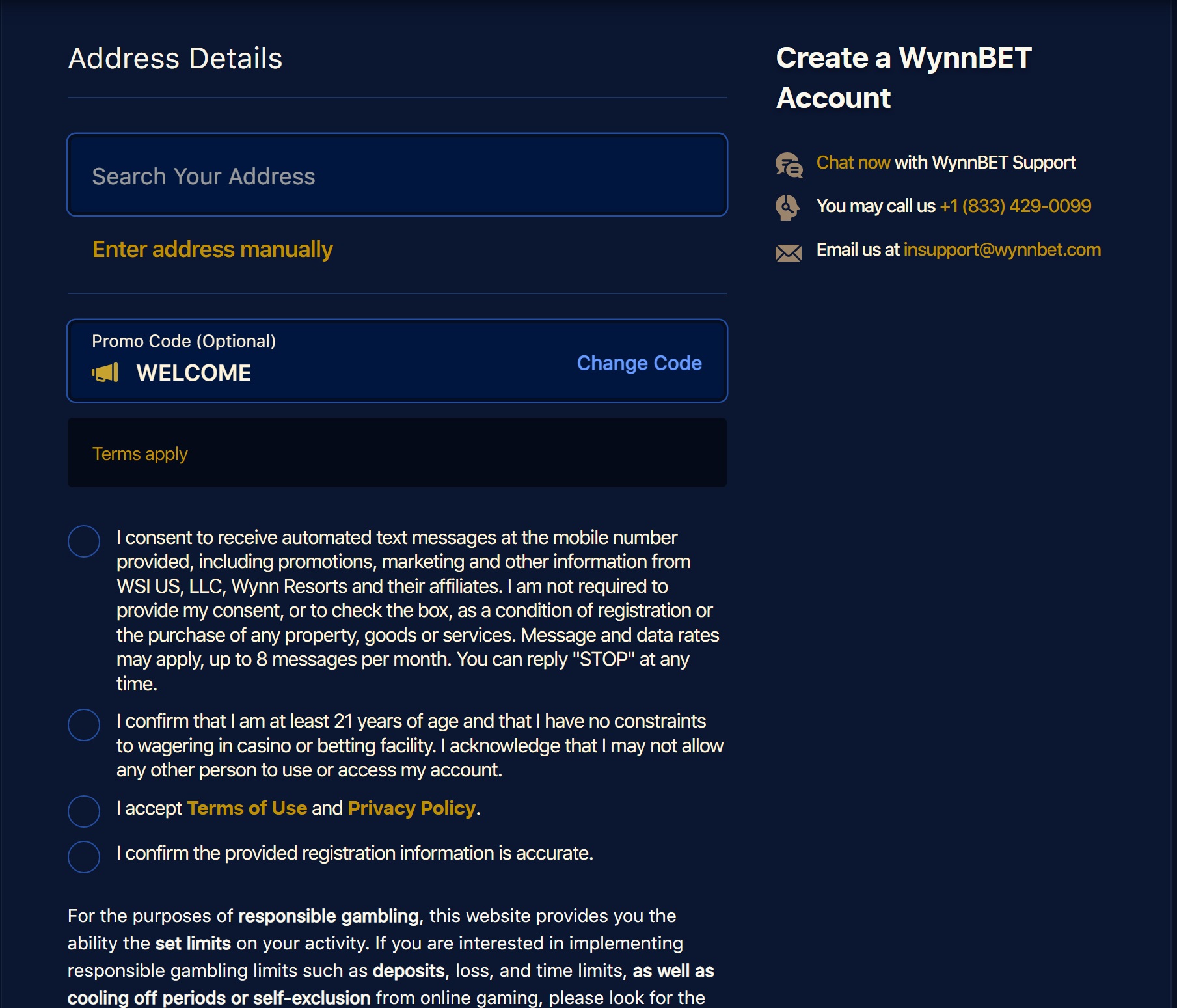 Заключительный этап регистрации на сайте БК Wynnbet