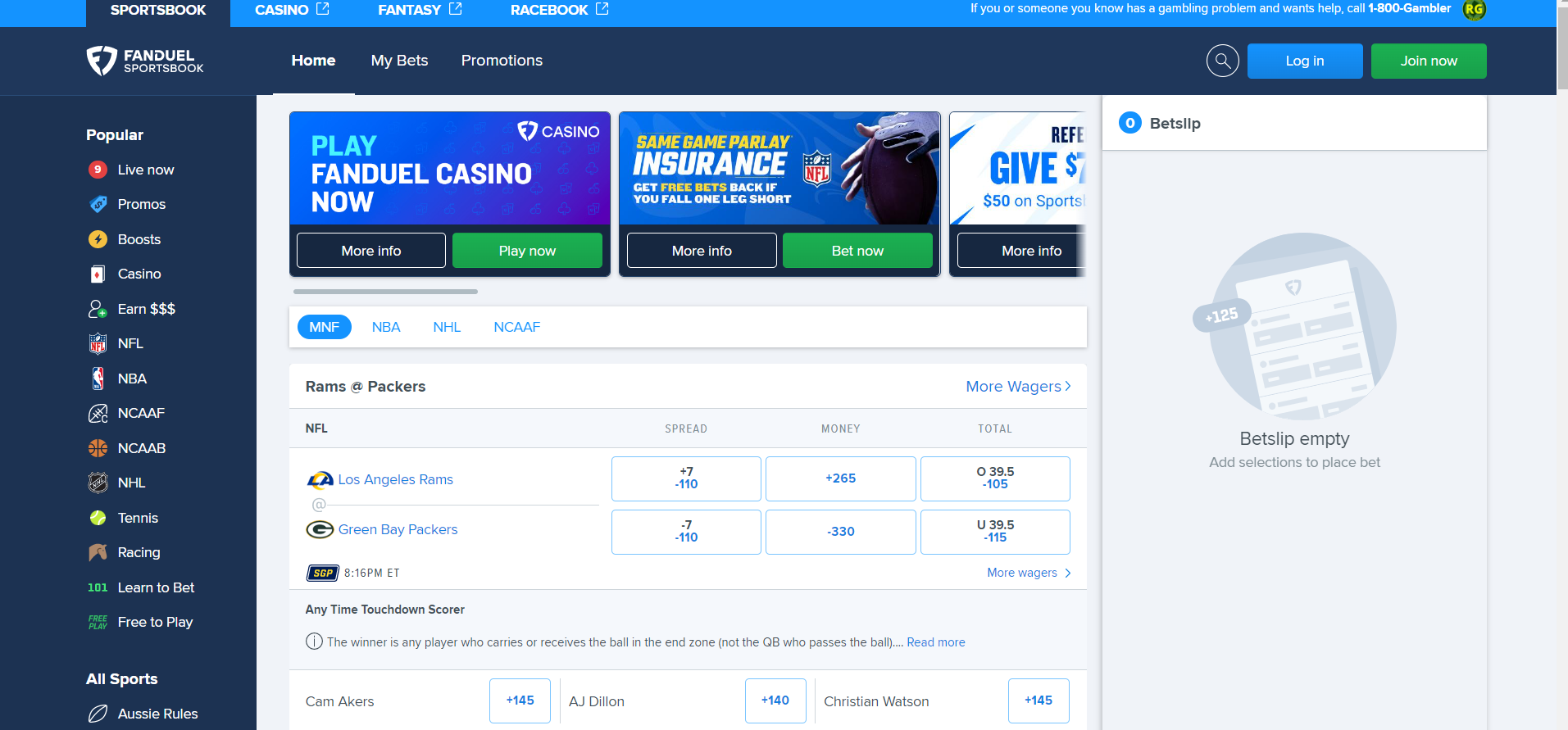 Раздел спортивных ставок на сайте БК Fanduel Sportsbook