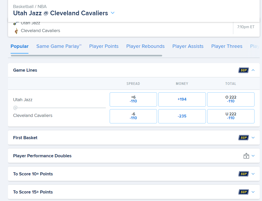 Роспись ставок на баскетбол на сайте БК Fanduel Sportsbook