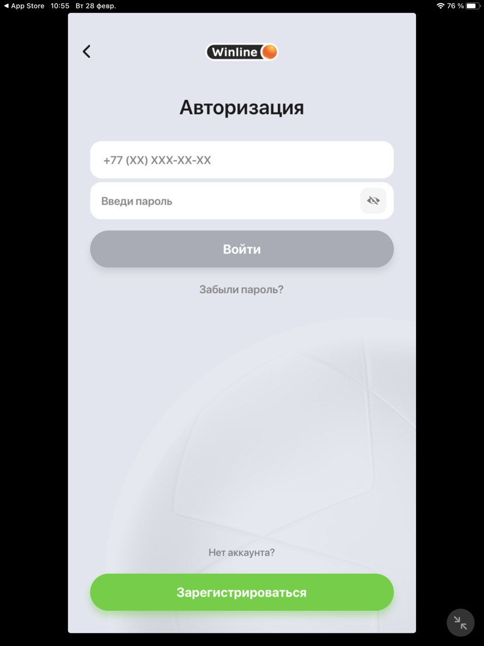 Форма авторизации в приложении Winline для iOS