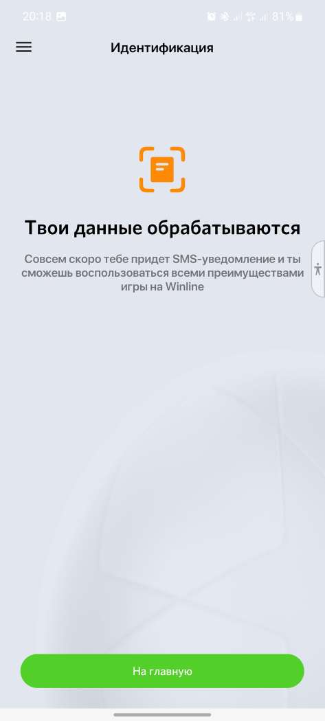 Уведомление после загрузки документов при прохождении идентификации в приложении БК Winline kz