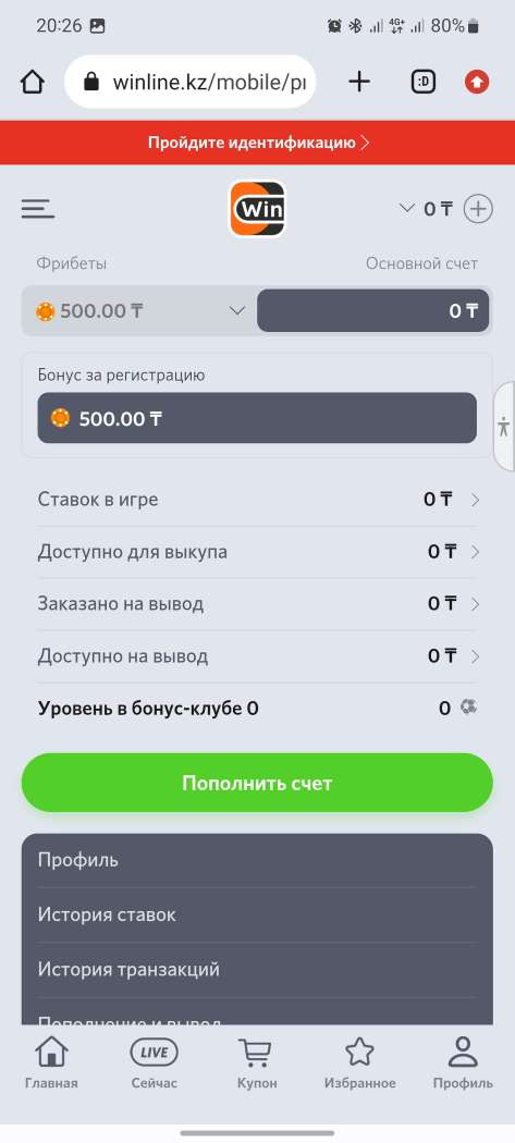 Меню профиля в в мобильной версии сайта БК Winline kz