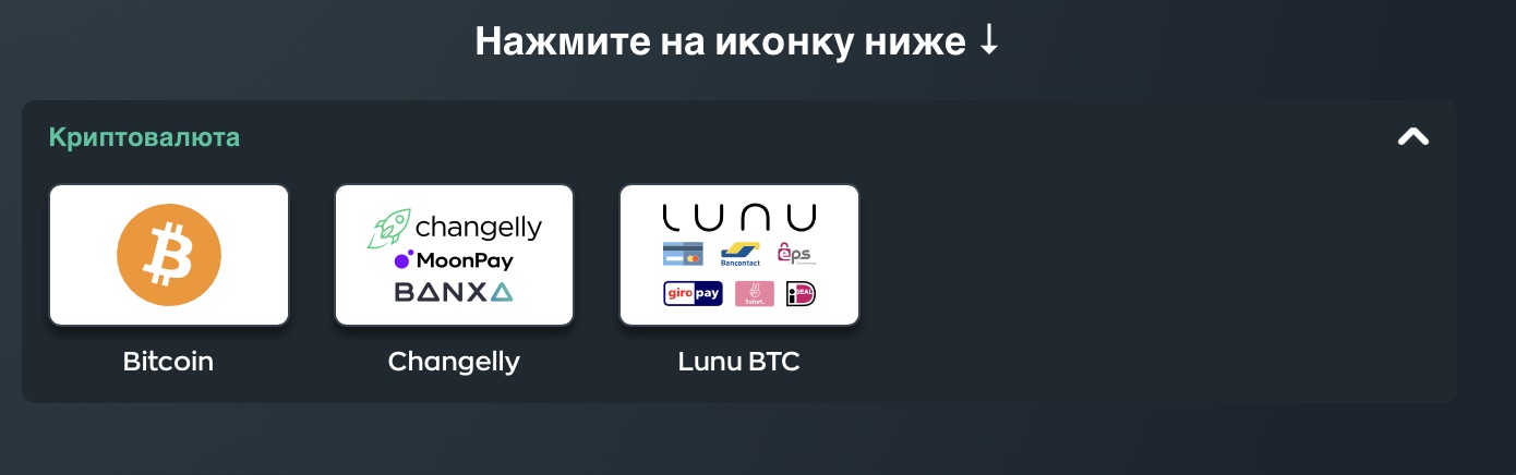 Выбор способа пополнения счета на сайте БК Vave