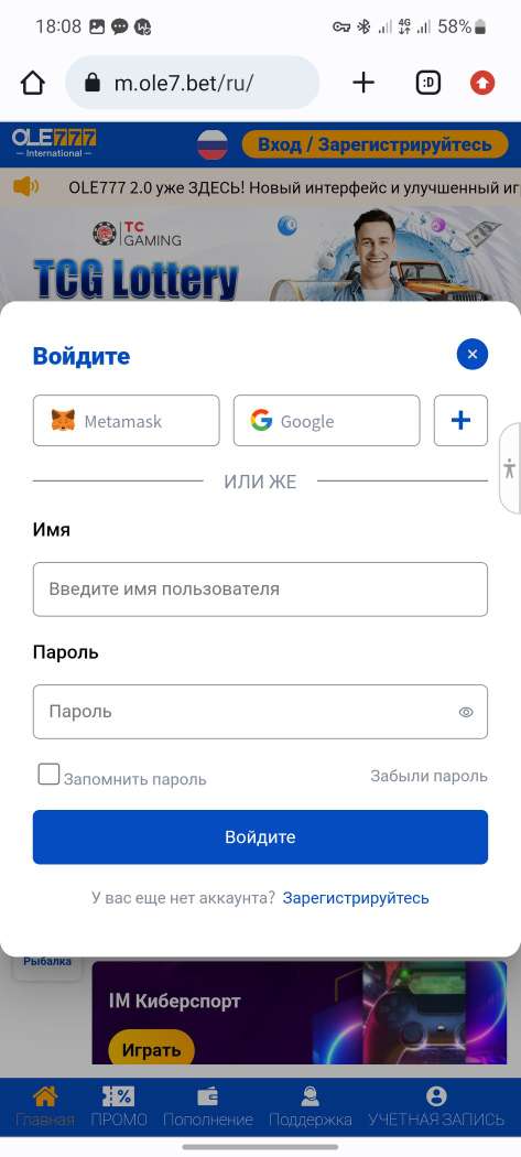 Форма авторизации в мобильной версии сайта БК Ole 777