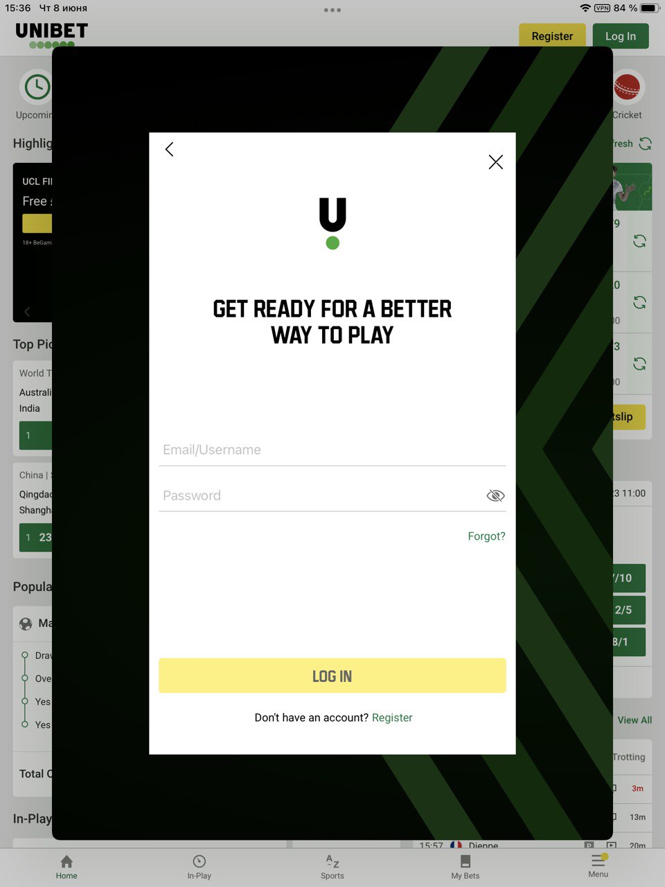 авторизация в мобильном приложении Unibet для iOS