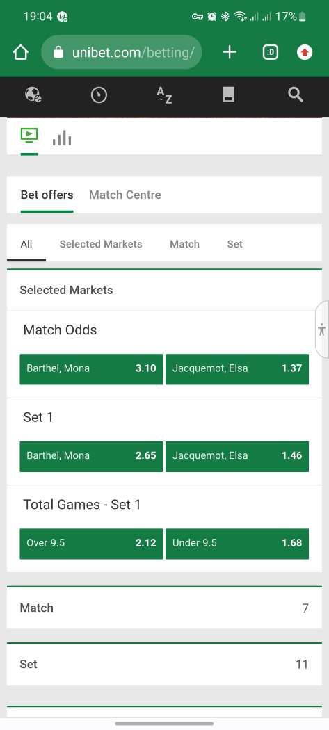 Выбор события для заключения пари в мобильном приложении БК Unibet для Android
