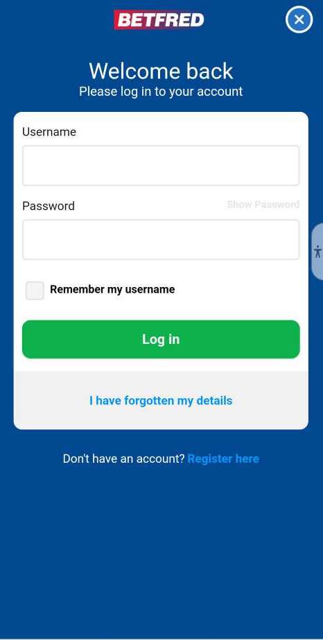 Форма авторизации в мобильном приложении БК Betfred для Android