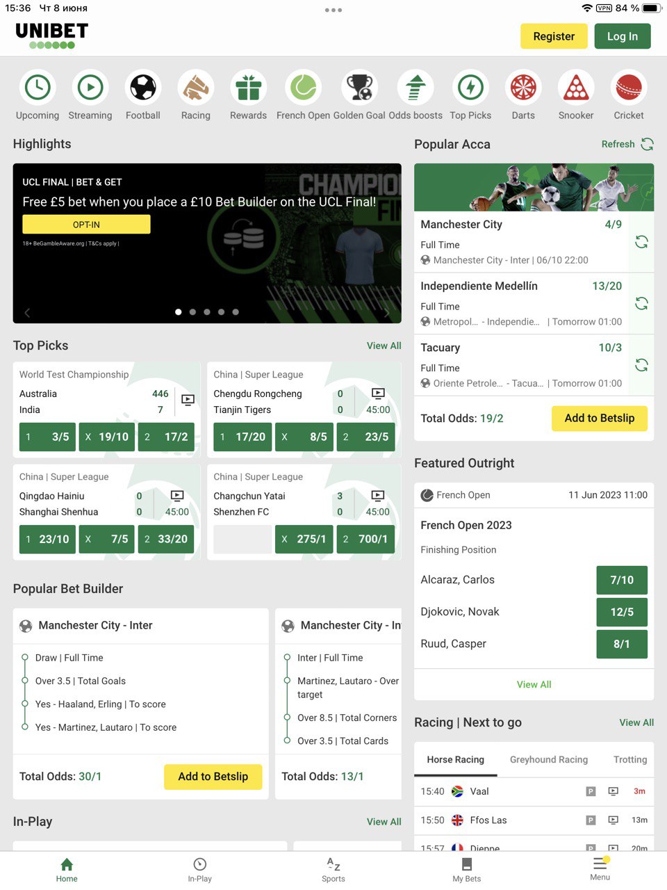 Главная страница в мобильном приложении Unibet для iOS