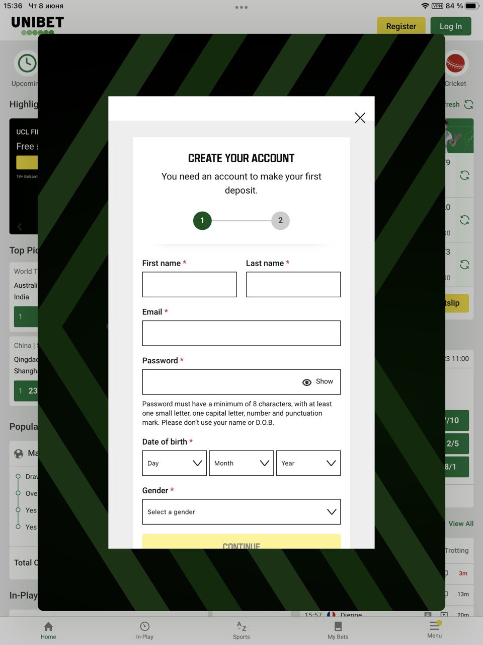 Форма регистрации в мобильном приложении Unibet для iOS