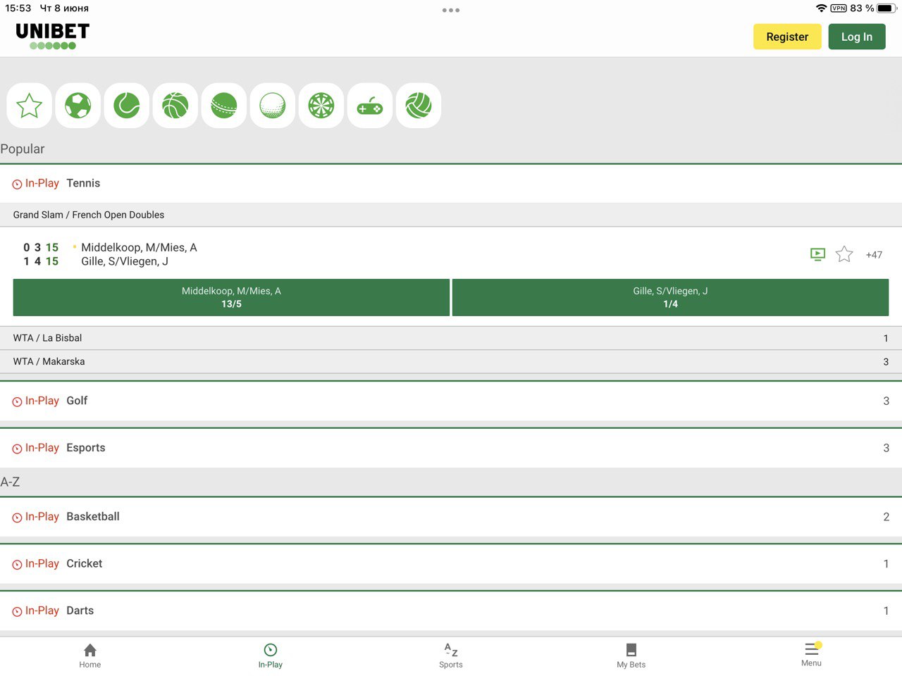 Выбор события для заключения пари в мобильном приложении Unibet для iOS