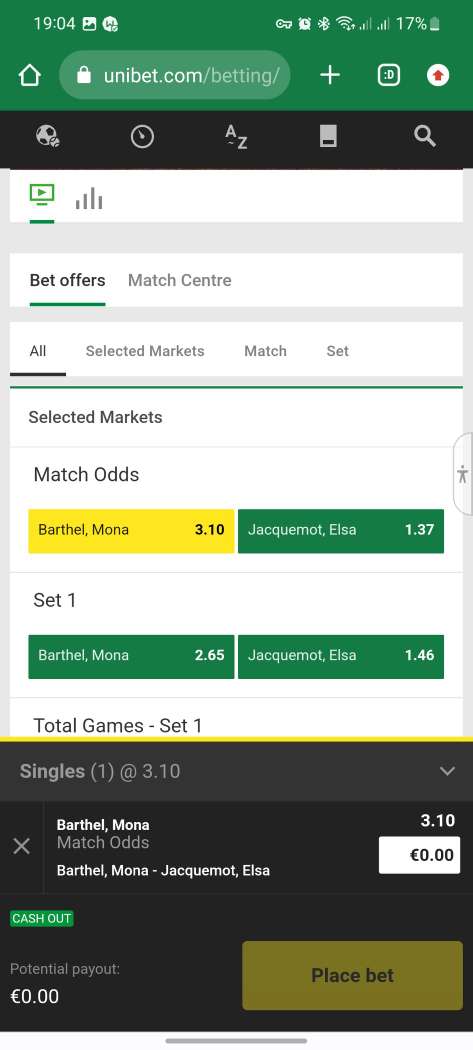 Заключение пари в мобильном приложении БК Unibet для Android