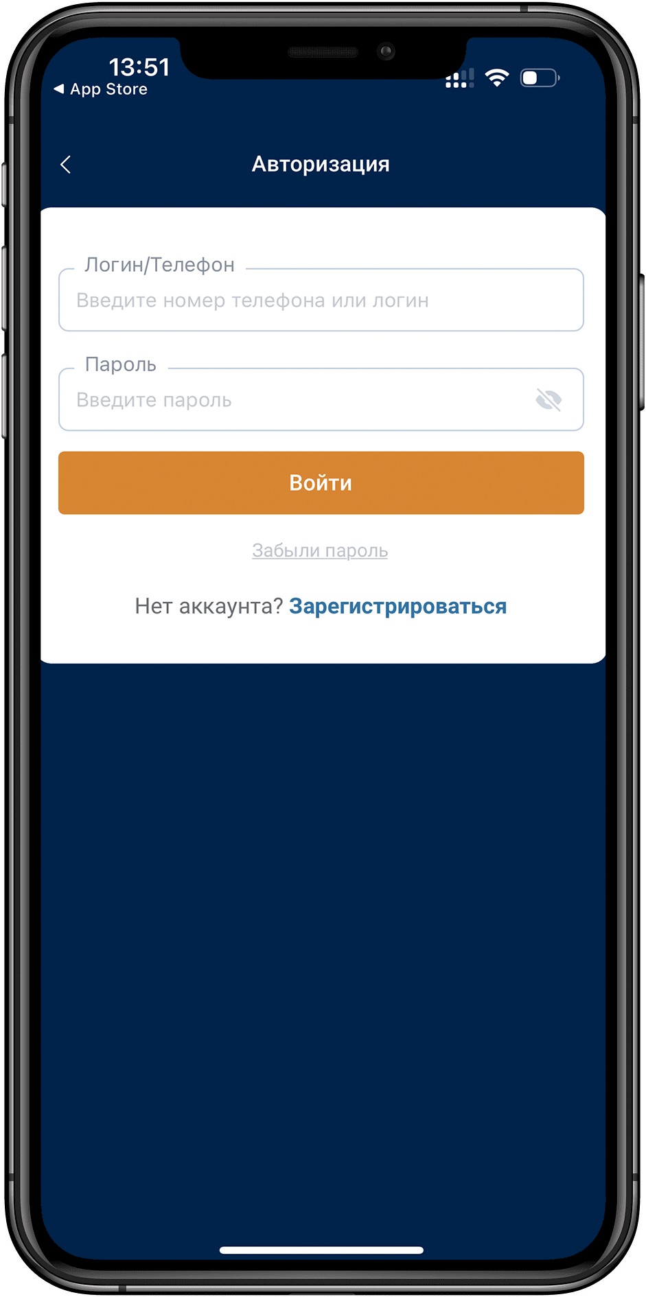 Форма авторизации в мобильном приложении БК Зенит для iOS
