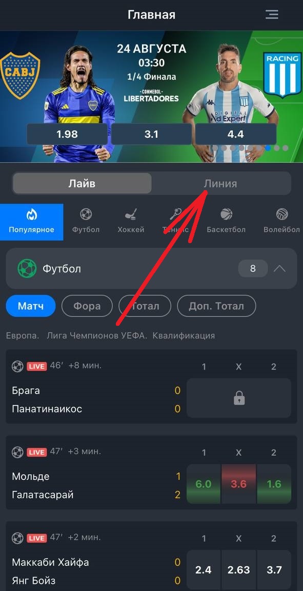 Переход в раздел Линия в мобильном приложении БК Балтбет для iOS 
