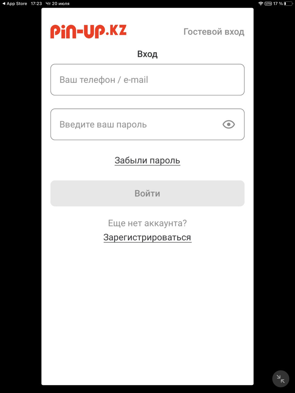 Форма авторизации в мобильном приложении БК Pin-up kz для iOS