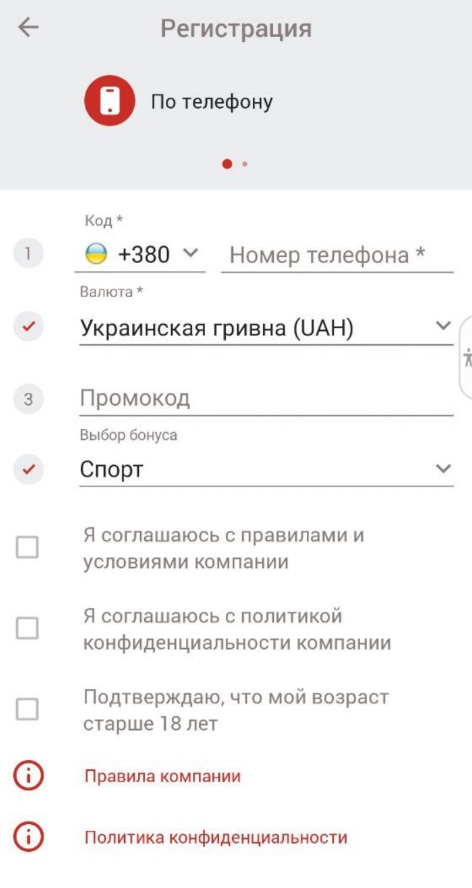 Форма регистрации в мобильном приложении БК Bet2fun