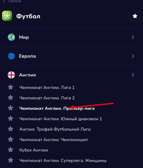 Выбор турнира для заключения пари в мобильном приложении БК Boompari