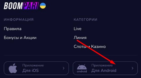 Кнопка скачивания и установки приложения в мобильной версии сайта БК Boompari