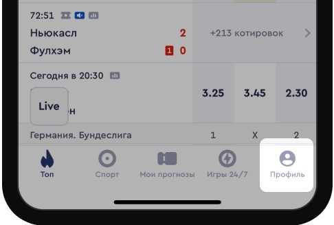 Профиль в мобильном приложении БК Фонбет
