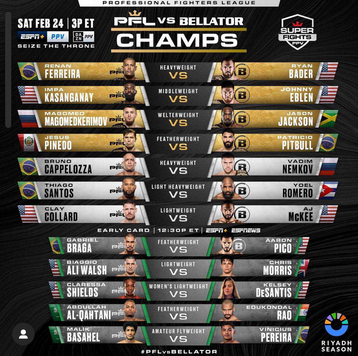 Кард совместного турнира PFL и Bellator