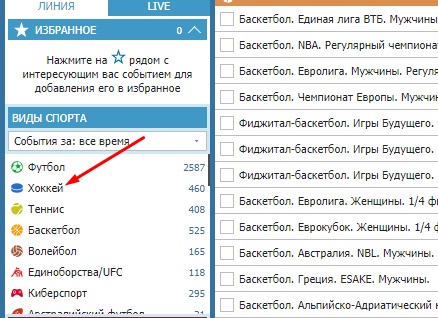 Выбор вида спорта для заключения пари на сайте БК Бетсити