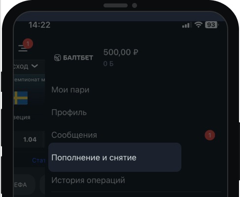 Кнопка пополнения и снятия средств в мобильном приложении БК Балтбет