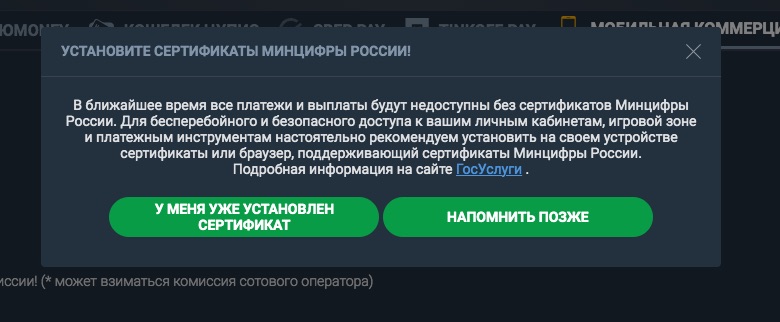 При внесении средств «Балтбет» предупреждает, что для бесперебойного и безопасного доступа к личному кабинету необходимо установить на устройстве сертификат Минцифры России.