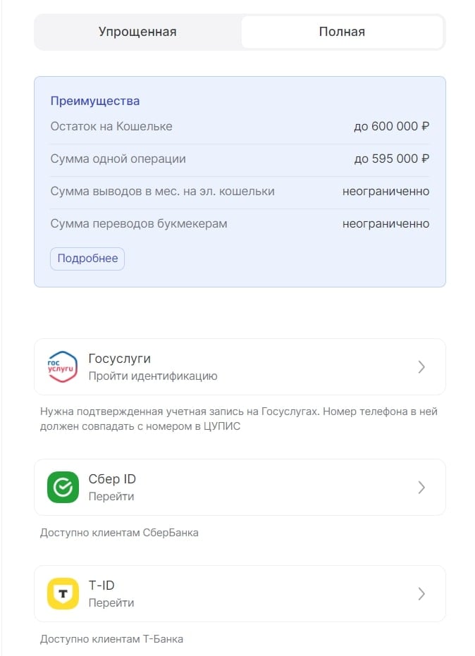 Выбор метода верификации личности на сайте ЕЦУПИС
