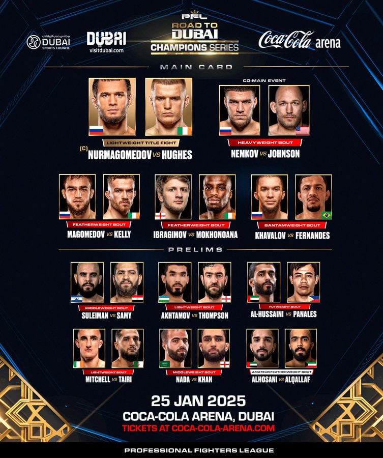 Полный кард турнира PFL Road to Dubai: Нурмагомедов – Хьюз