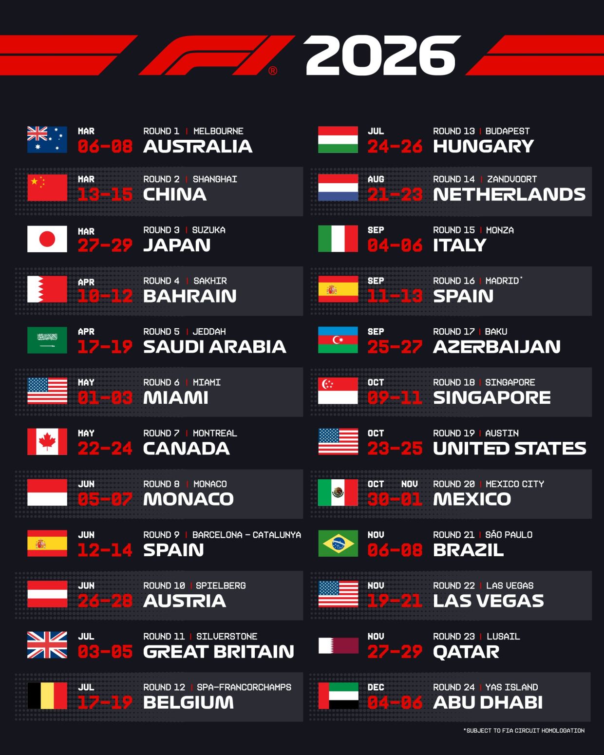 Опубликован календарь Формулы-1 на 2026 год