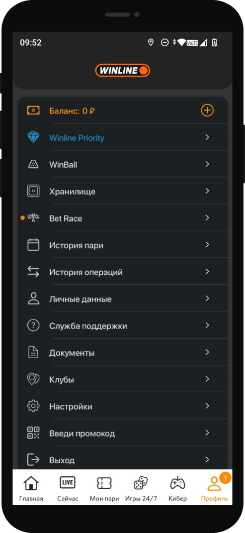 Раздел службы поддержки в мобильном приложении Winline