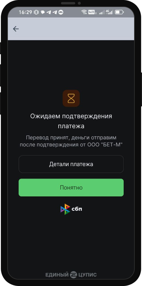 Ожидайте зачисления — средства придут примерно в течение нескольких минут.