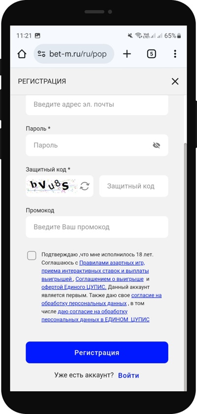 Форма регистрации Бет-М