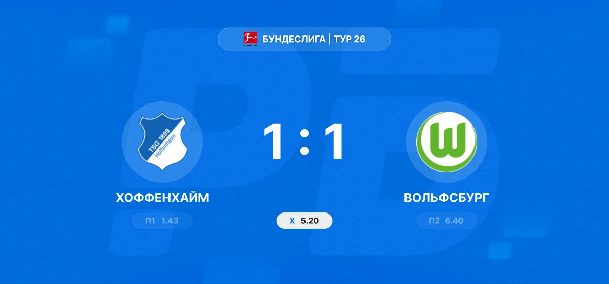 «Хоффенхайм» и «Вольфсбург» поделили очки в матче 26-го тура Бундеслиги