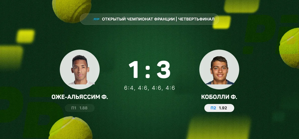 Коболли обыграл Оже-Альяссима и вышел в полуфинал Открытого чемпионата Франции