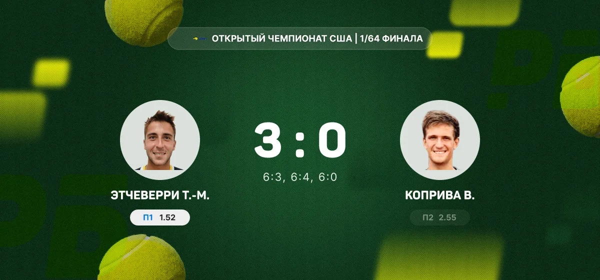 Этчеверри переиграл Коприву в матче первого круга Открытого чемпионата США